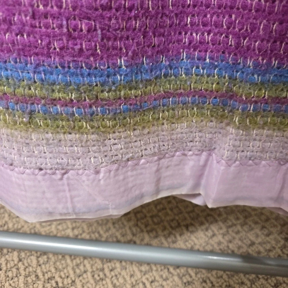 Vintage Woven Striped Thermal Blanket Purple Pink Blue Green Satin Trim 70x80